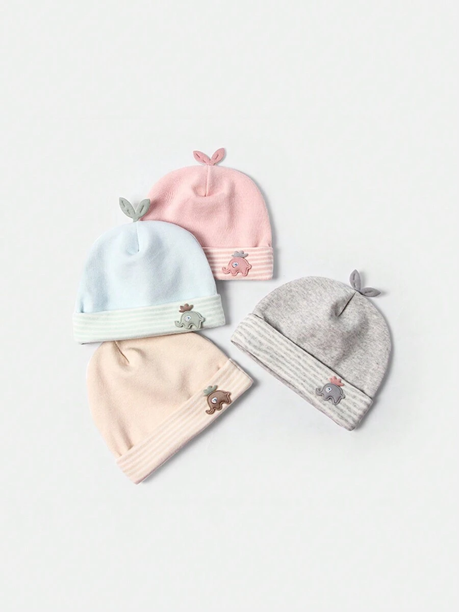 2pcs Random Newborn Baby Beanie Cute Elephant & Sprout Design Double-Layered Warmth Headwear 0-6 Infant Hat - Multicolor - View 1
