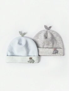 2pcs Random Newborn Baby Beanie Cute Elephant & Sprout Design Double-Layered Warmth Headwear 0-6 Infant Hat - Multicolor - View 3