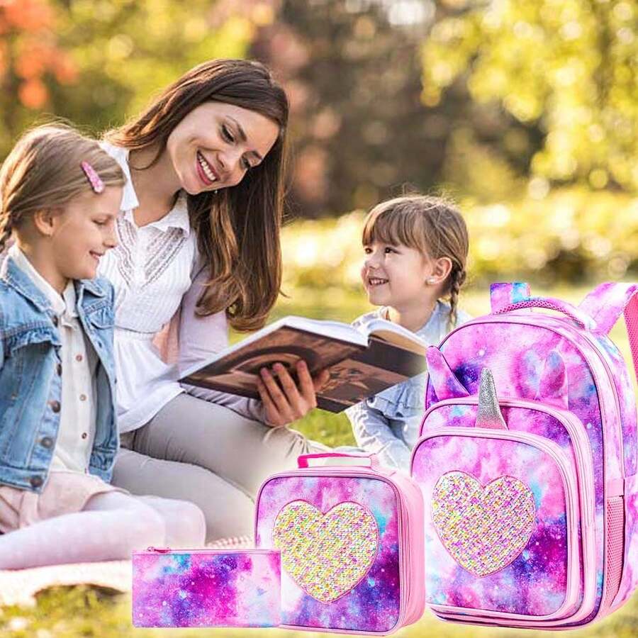 3pcs/Set Girls' Backpack With Starry Sky Print & Unicorn Pattern, Including Lunch Box And Pencil Case For Elementary School Students - Pink - View 1