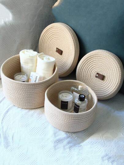 1pc Rope Storage Box, Woven Desk Top Covered Container, Yellow Jute Catchall Bin For Toys, Cosmetics, Round Multifunctional Basket, Festive Gift, Blue