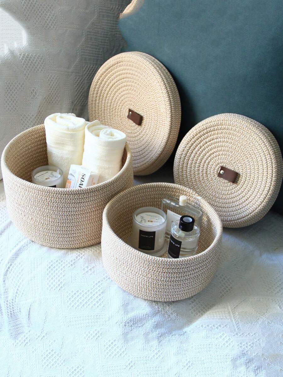 1pc Rope Storage Box, Woven Desk Top Covered Container, Yellow Jute Catchall Bin For Toys, Cosmetics, Round Multifunctional Basket, Festive Gift, Blue - Beige - View 1