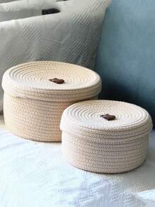 1pc Rope Storage Box, Woven Desk Top Covered Container, Yellow Jute Catchall Bin For Toys, Cosmetics, Round Multifunctional Basket, Festive Gift, Blue - Beige - View 3