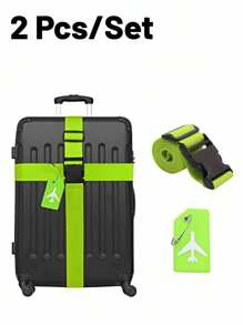 2 Packs Luggage Straps Set Adjustable Belts And Silicone Luggage Tags With Name ID Card, Suitable For All Types Of Bags & Suitcases, Suitcase Accessories, Travel Stuff, Green Travel Outfit Airport Kit Suitcase Labels Bag Accessories Travel Bag Essentials Airplane Essentials Luggage Cases - Green - View 1