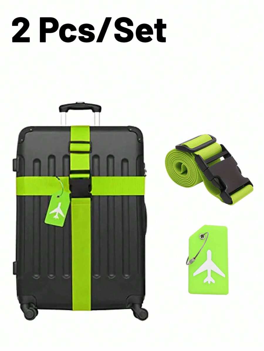 2 Packs Luggage Straps Set Adjustable Belts And Silicone Luggage Tags With Name ID Card, Suitable For All Types Of Bags & Suitcases, Suitcase Accessories, Travel Stuff, Green Travel Outfit Airport Kit Suitcase Labels Bag Accessories Travel Bag Essentials Airplane Essentials Luggage Cases - Green - View 1