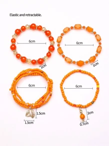 Conjunto De 4 Pulseras Adornadas De Cristales De Estilo Bohemio En Color Naranja Para Chicas Adolescentes, Pulseras Artesanales Multicales Elástica - Naranja - Ver 4