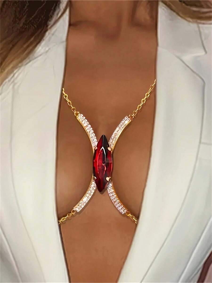 One Sexy Red Rhinestone Decorated Chain Chest Chain, Shiny Nightclub Bikini Jewelry - Red - View 1