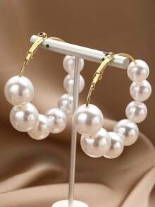 1對新款歐美時尚誇張幾何風格女款高級珍珠金屬圈形耳環復古串珠圓形耳環 - 5顆珍珠 - 查看 1