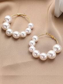 1對新款歐美時尚誇張幾何風格女款高級珍珠金屬圈形耳環復古串珠圓形耳環 - 5顆珍珠 - 查看 8
