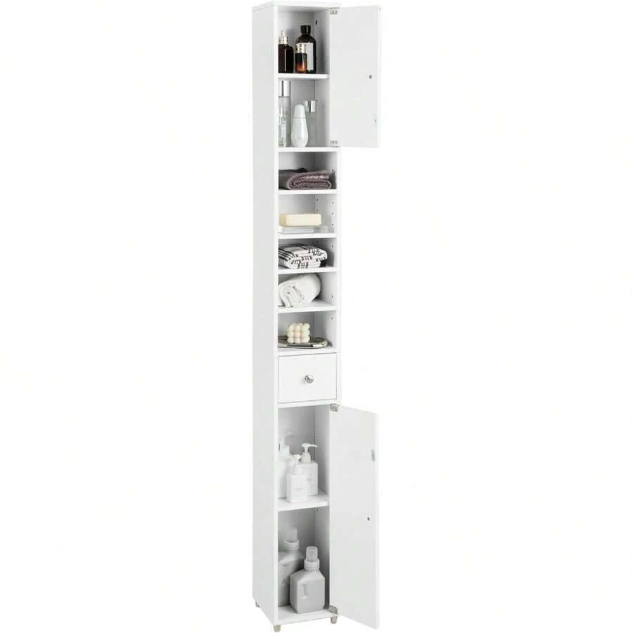 Mueble de baño estrecho, mueble alto con cajón, puertas y estantes, mueble de baño, mueble de almacenamiento para baño, cocina y salón, blanco, 20 x 20 x 180 cm - Blanco - Ver 1