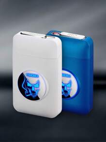 1入組帶有骷髏印花的電子煙盒及打火機組合,帶led顯示屏,可容納19支香煙,防潮,耐壓,usb充電 - 藍色 - 查看 6