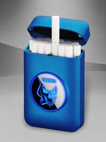 1入組帶有骷髏印花的電子煙盒及打火機組合,帶led顯示屏,可容納19支香煙,防潮,耐壓,usb充電 - 藍色 - 查看 3