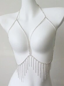 1 Pieza Cadena De Pecho De Cristal Para Mujeres, Accesorio De Bikini De Discoteca - Plateado - Ver 3