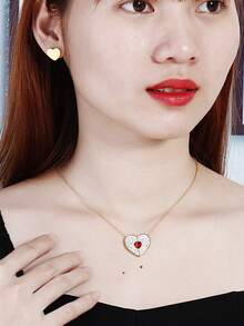 1條心型鑽石吊墜項鍊,附1對心型耳釘,適用於女性日常穿戴,情人節禮物 - 心形 - 查看 4