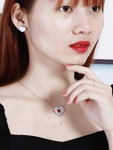 1條心型鑽石吊墜項鍊,附1對心型耳釘,適用於女性日常穿戴,情人節禮物 - 心形 - 查看 3