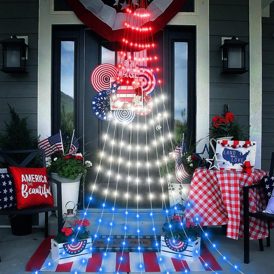 1 件独立日装饰户外灯，2 米/6.56 英尺瀑布树灯，带 9 滴 180 个 LED 红白蓝 8 种照明模式，适用于庭院露台壁炉派对生日节日装饰，户外花园照明，适用于小路、庭院、露台 - 紅白藍 - 查看 1