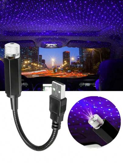 Lámpara de proyección USB LED para auto con diseño de estrellas en el techo, ajustable para decoración de techo del auto o habitación con efecto de galaxia.
