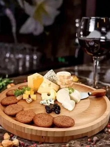 1pc Cheese Board Set With Cheese Knives & Forks, Bamboo Cheese Board Set With Drawer, Wooden Serving Platter For Cheese, Pizza, Bread, Snacks, Desserts & Party Food, Round Chopping Board For Kitchen, 2pcs Dinner Plate Sets, Bamboo Cheese Board Set, Unique Gift For Mother's Day, Housewarming, Wedding & Bridal Shower - Apricot - View 3