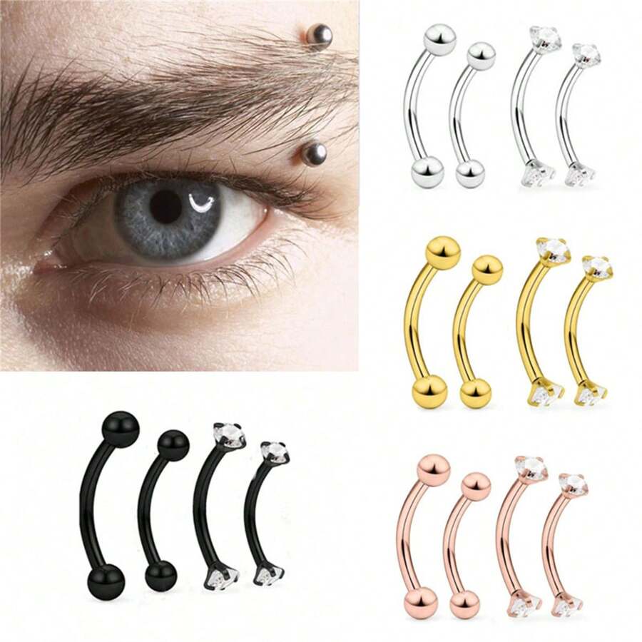 4入組16g時尚不銹鋼微小眉環男女適用,彎曲的杆狀蛇紋眉環穿刺耳臍肚唇鉤環,適用於日常穿戴和派對聚會