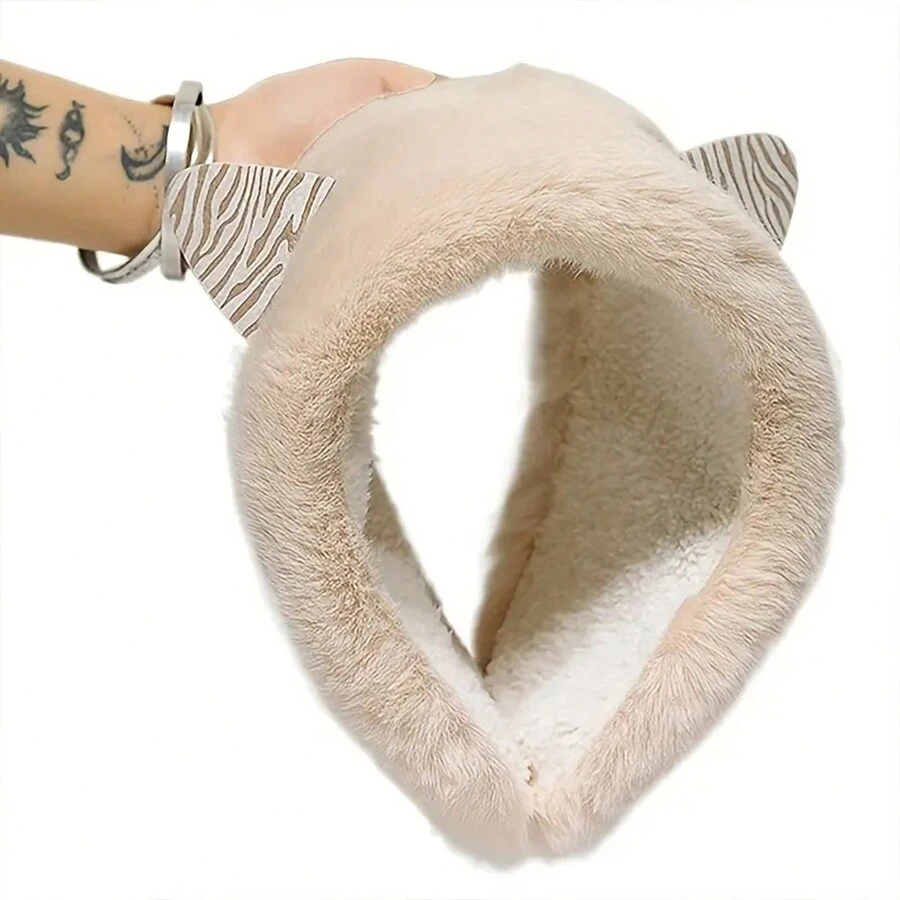 可愛的貓咪毛絨耳罩,帶耳朵的冬季保暖防寒毛絨耳罩,卡通頭帶保暖耳暖器適用於女士和女孩 - 米色 - 查看 1