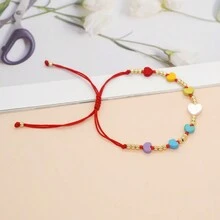 1入珠子手繩 小銅珠 手工可調節 可愛糖果色愛心堆疊珠寶 適合女性少女假日新款 - 彩色 - 查看 5