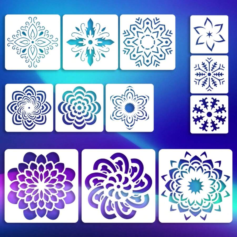 12張,9種不同風格的曼陀羅圖案點,20*20cm X3,15*15cm X3,13*13cm X3,9*9cm X3,藝術繪畫白色範本,空心彩色繪畫範本,牆面相冊裝飾範本,diy繪畫範本,繪畫剪貼簿,塗鴉印刷噴漆範本,採用pet材料製成,可清洗重複使用,適用於水彩畫、石畫、素描本、刮畫等,適用於牆面、紙張、紡織家具工藝品裝飾 - B68 - 查看 1