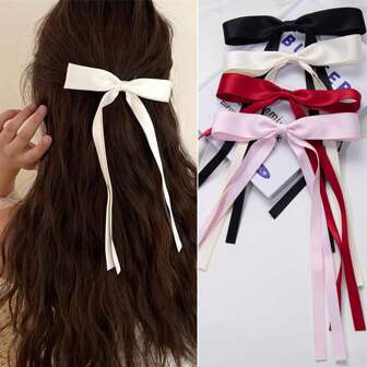4pcs Ribbon Bow Alligator Clips With Long Tails, Bow Hair Clips, Hair Barrettes With Bow (Black, Cream, Pink, Wine Red)