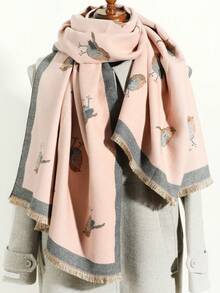 1pc Ladies' Stylish Short Fringed Pink Scarf With Bird Pattern, Keep Warm For Dating And Outdoor Activities - Pink - View 2