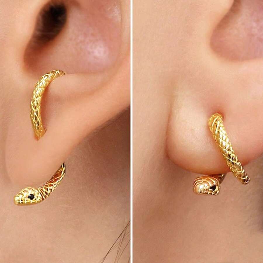 创意蛇形设计圈形耳环珠宝镶嵌朋克性感风格蛇形闪闪发光镶嵌圈形耳环性感嘻哈独特个性化风格耳环 - 金色 - 查看 1