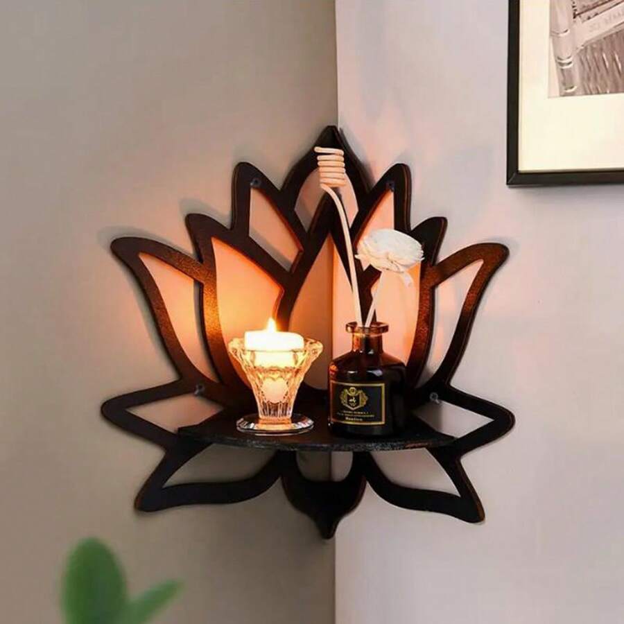 1入浮動木質蓮花造型展示架,牆角水晶石儲物架,適用於植物、花卉、玩具、香薰蠟燭,家庭儲物組織,適用於門廳、臥室、家居、聖誕裝飾、牆面裝飾、美學房間裝飾 - 黑色 - 查看 1