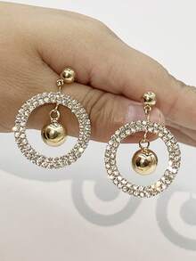 1pair European And American Style Double-Layer Round Dangle Earrings With Ball Pendant And Rhinestones - Yellow Gold - View 2