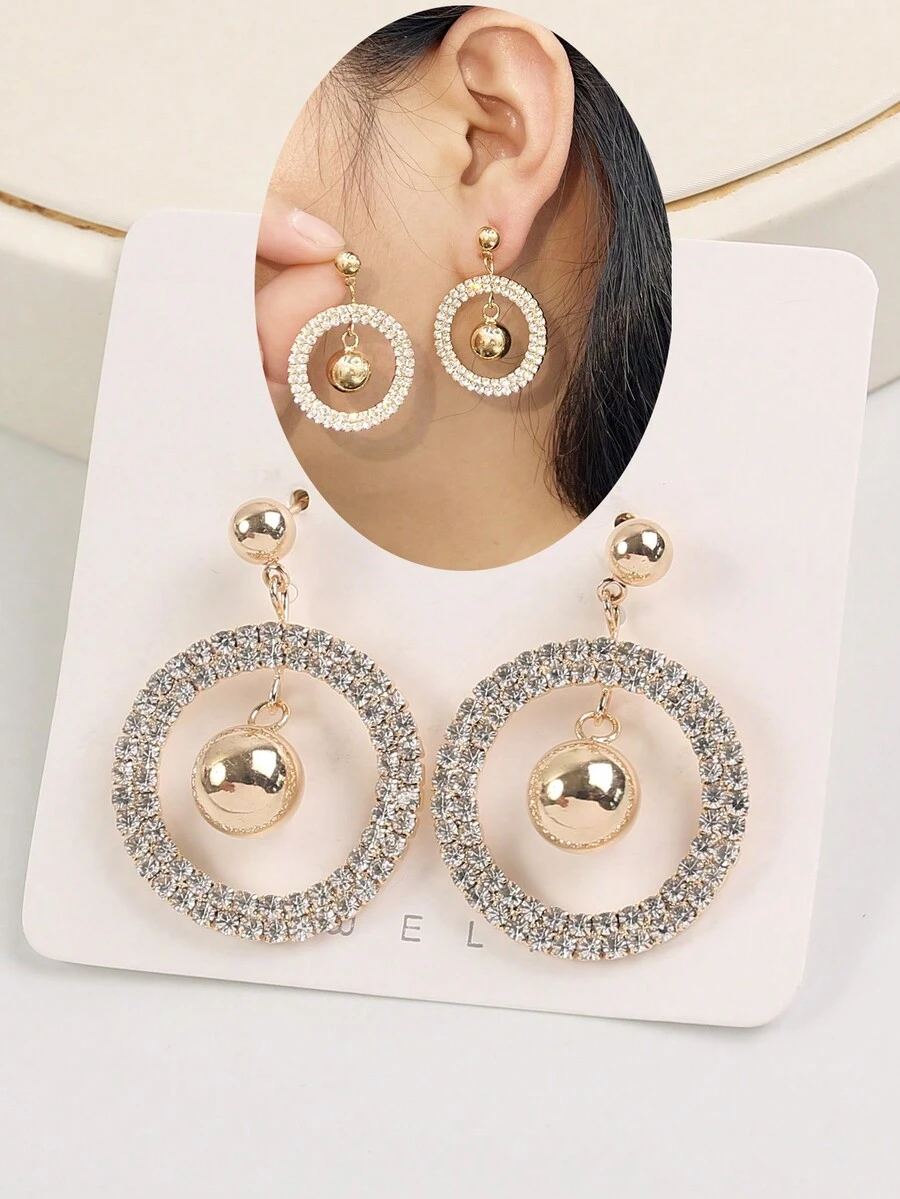 1pair European And American Style Double-Layer Round Dangle Earrings With Ball Pendant And Rhinestones - Yellow Gold - View 1