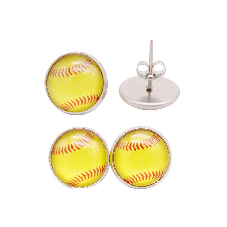 女性女孩適用的兩對不過敏玻璃嵌板壘球造型耳針,不鏽鋼材質 - 黃色 - 查看 1