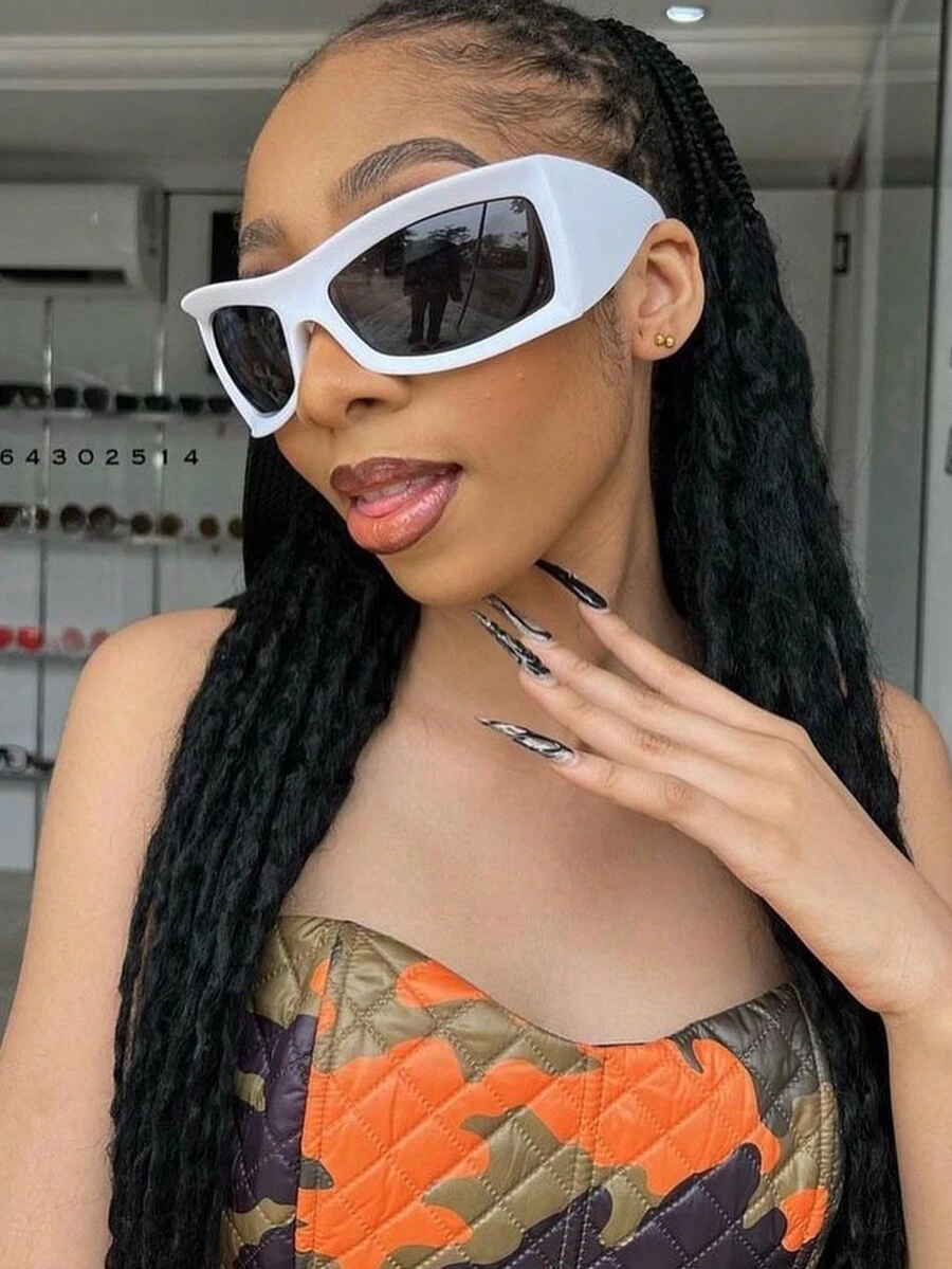 1 件大框方形个性化户外 Y2k 一体式时尚眼镜 - 白色 - 查看 1