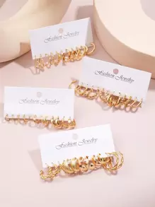 12-48 件优雅复古设计多层心形、花朵、波浪、扭曲、镂空、纹理、金属 C 形环状耳环套装，时尚珠宝礼物，适合节日、派对、日常佩戴 - 金黃色 - 查看 3