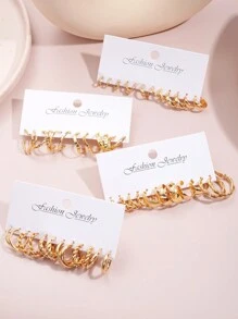 12-48 件优雅复古设计多层心形、花朵、波浪、扭曲、镂空、纹理、金属 C 形环状耳环套装，时尚珠宝礼物，适合节日、派对、日常佩戴 - 金黃色 - 查看 4