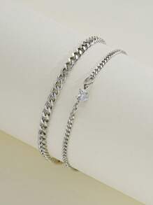 2pcs Stainless Steel Rhinestone Rhinestone Heart Chain Bracelet For Couples, Gift For Dating, Vacation, Valentine's Day - Silver - View 3