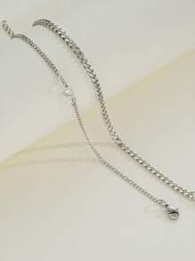 2pcs Stainless Steel Rhinestone Rhinestone Heart Chain Bracelet For Couples, Gift For Dating, Vacation, Valentine's Day - Silver - View 2