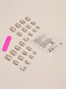 Transform Your Nails With 24pcs Medium Square 3D Butterfly Decor Rhinestone Fake Nail & 1pc Nail File & 1sheet Tape Press On Nails Nail Supplies - Multicolor - View 5