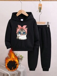 幼童女孩貓紋印花連帽衫和運動褲套裝,適用於冬季 - 黑色 - 查看 1