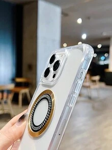 Transparent Electroplating Cd Pattern Inlaid Rhinestone Universal Magnetic Adsorption Acrylic Woven Durable Thick Adjustble Crossbody Hanging Rope New Anti-Fall Phone Case Protective Cover - Beige - View 5