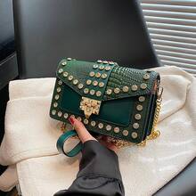 時尚鉚釘個性鑽石時尚鏈斜背包,哥德式小方包,適合大學生、女士、女孩、女士晚餐、約會、通勤、購物 - 綠色 - 查看 8
