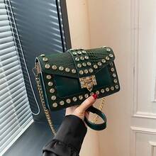 時尚鉚釘個性鑽石時尚鏈斜背包,哥德式小方包,適合大學生、女士、女孩、女士晚餐、約會、通勤、購物 - 綠色 - 查看 6
