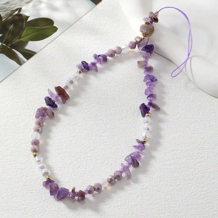 Purple Stone Beaded Cell Phone Lanyard - Purple - View 1