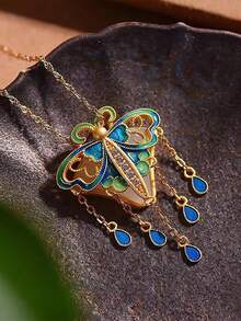 1只手工掛件,傳統和田玉及琺瑯嵌飾,裝飾有蝴蝶流蘇,適合女性日常穿著風格 - 金黃色 - 查看 2