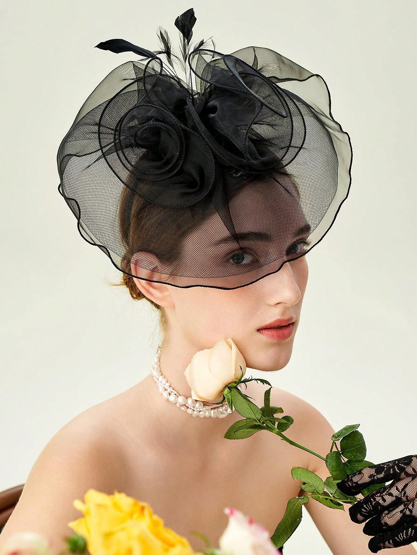 1Pcs Tea Party Fascinator Hat Feather Headdress Veil Flower Turban