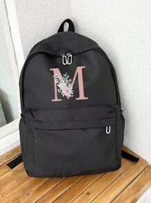 Letter M And Flower Pattern Backpack,Fashion Versatile Bag,Students Schoolbag, Students Commuter Bag For Daily Use, Outdoor Travel Bag, Lightweight Portable Backpack, Travel Essentials, Lightweight  Storage Bag, Suitable For Business Trips, Personal Travel, And Gifts For Family And Friends - Black - View 1