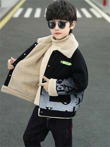 男童保暖衬里字母印花翻领夹克 - 黑色 - 查看 8