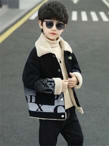 男童保暖衬里字母印花翻领夹克 - 黑色 - 查看 1