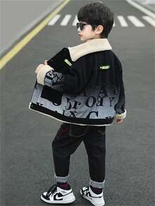 男童保暖衬里字母印花翻领夹克 - 黑色 - 查看 11