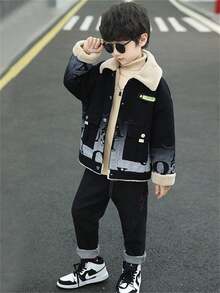 男童保暖衬里字母印花翻领夹克 - 黑色 - 查看 6